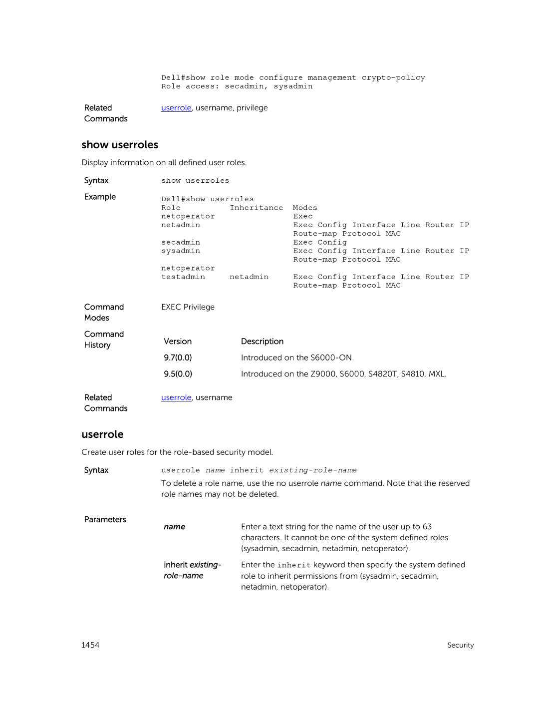 Dell 9.7(0.0) manual Show userroles, Userrole, Dell#show role mode configure management crypto-policy 