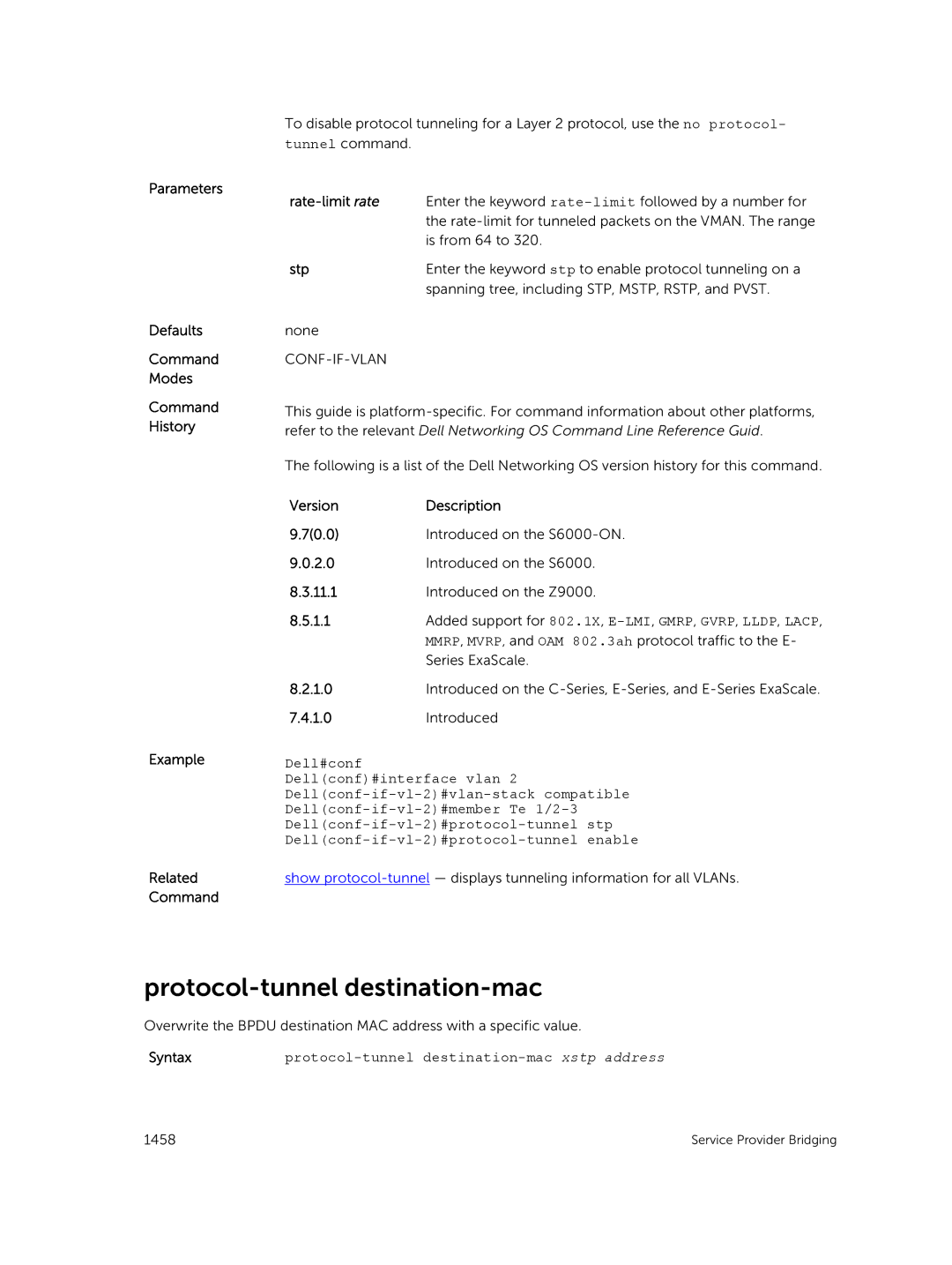 Dell 9.7(0.0) manual Rate-limit rate, Stp, Protocol-tunnel destination-mac xstp address 