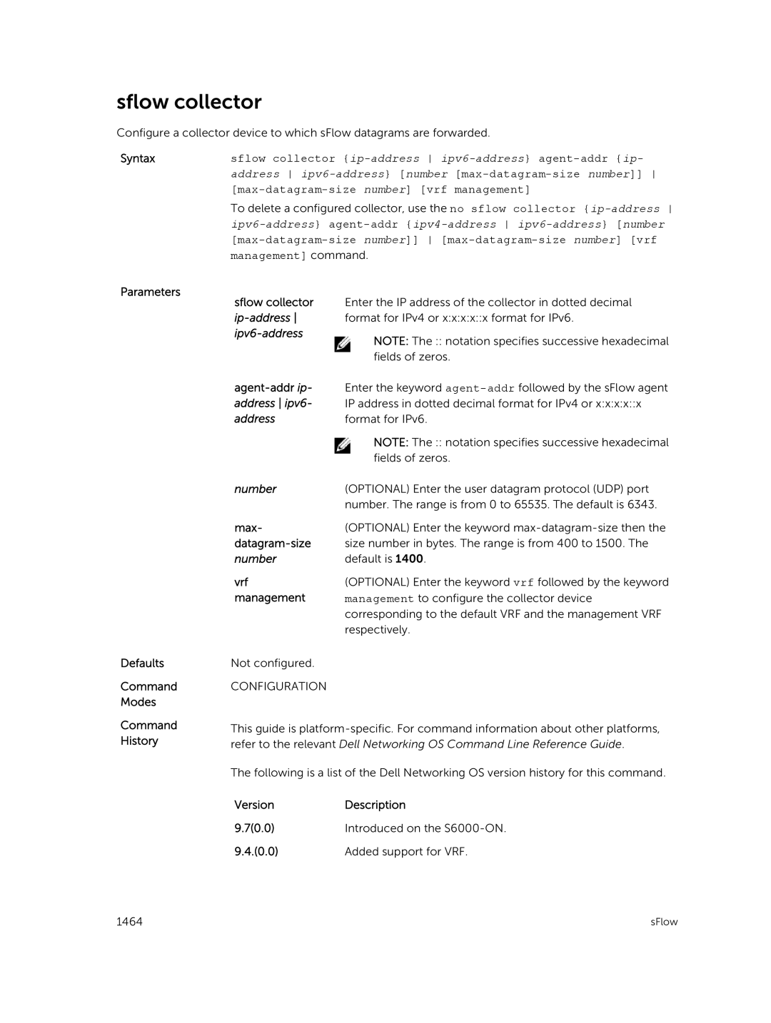 Dell 9.7(0.0) manual Sflow collector, Format for IPv4 or xxxxx format for IPv6, Fields of zeros 