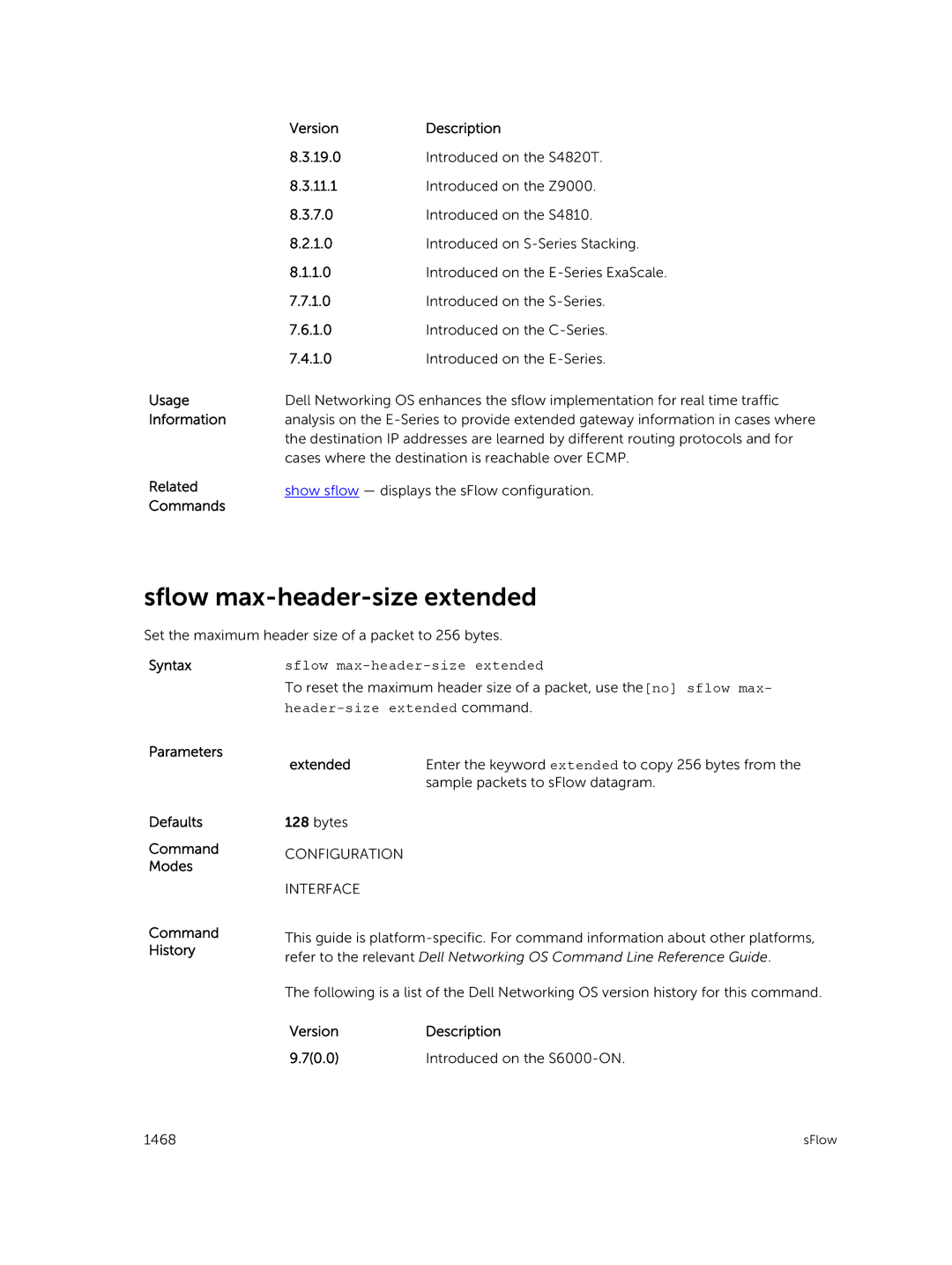 Dell 9.7(0.0) manual Sflow max-header-size extended, Extended 