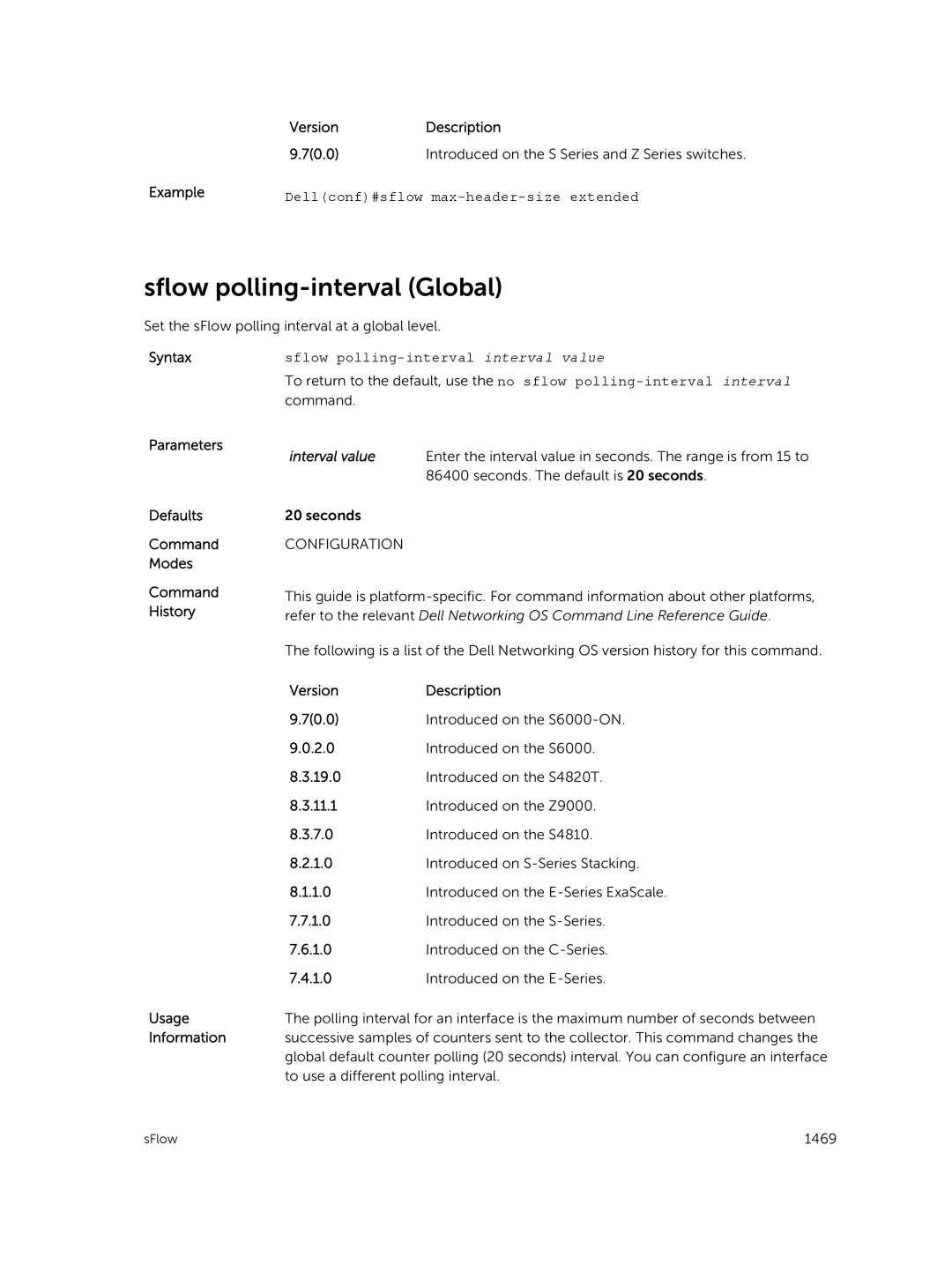 Dell 9.7(0.0) manual Sflow polling-interval Global, Dellconf#sflow max-header-size extended 