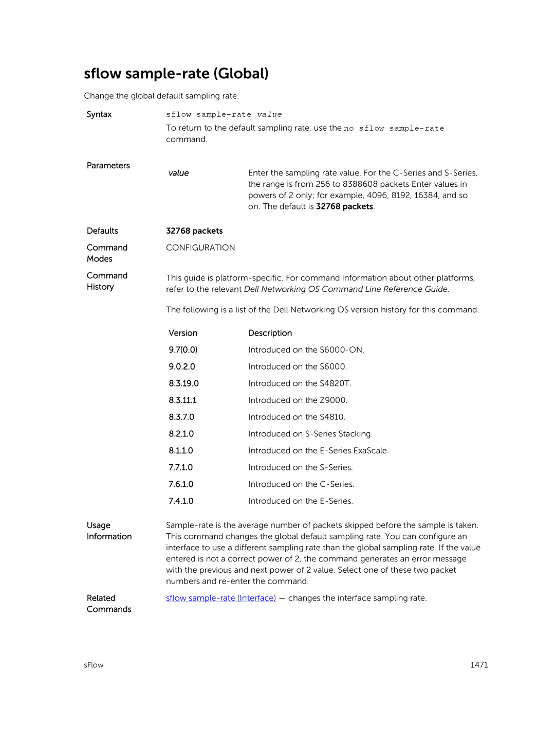 Dell 9.7(0.0) manual Sflow sample-rate Global, Sflow sample-rate value 