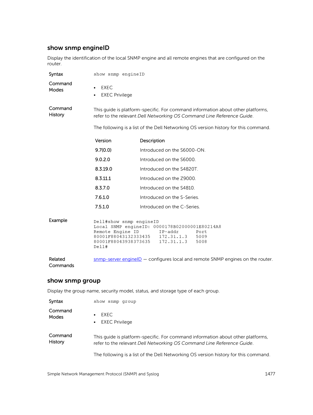 Dell 9.7(0.0) manual Show snmp engineID, Show snmp group 