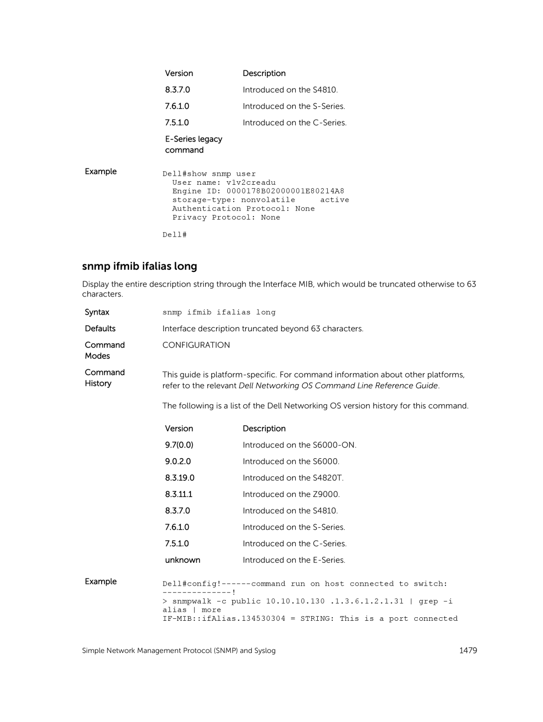 Dell 9.7(0.0) manual Snmp ifmib ifalias long, Series legacy command Example 