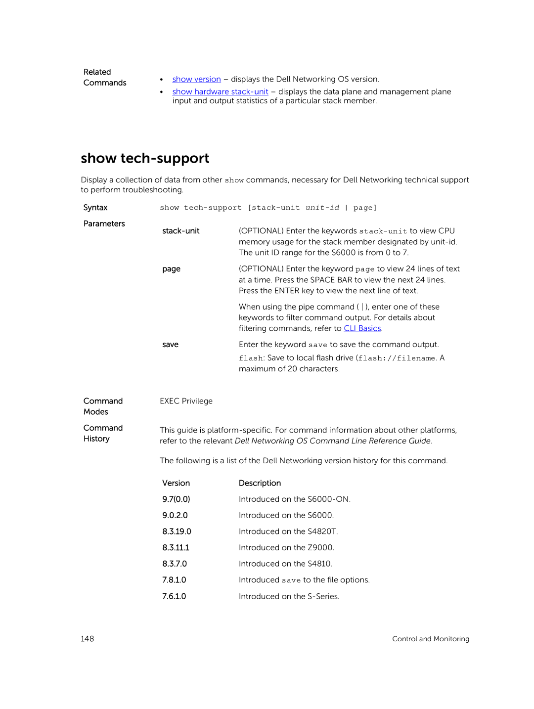 Dell 9.7(0.0) manual Show tech-support stack-unit unit-id, Save 