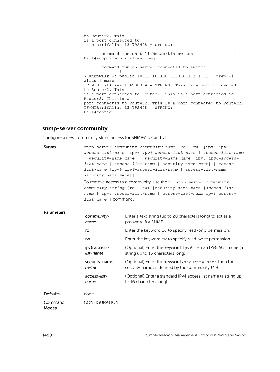 Dell 9.7(0.0) manual Snmp-server community, Ipv6 access, Security-name 