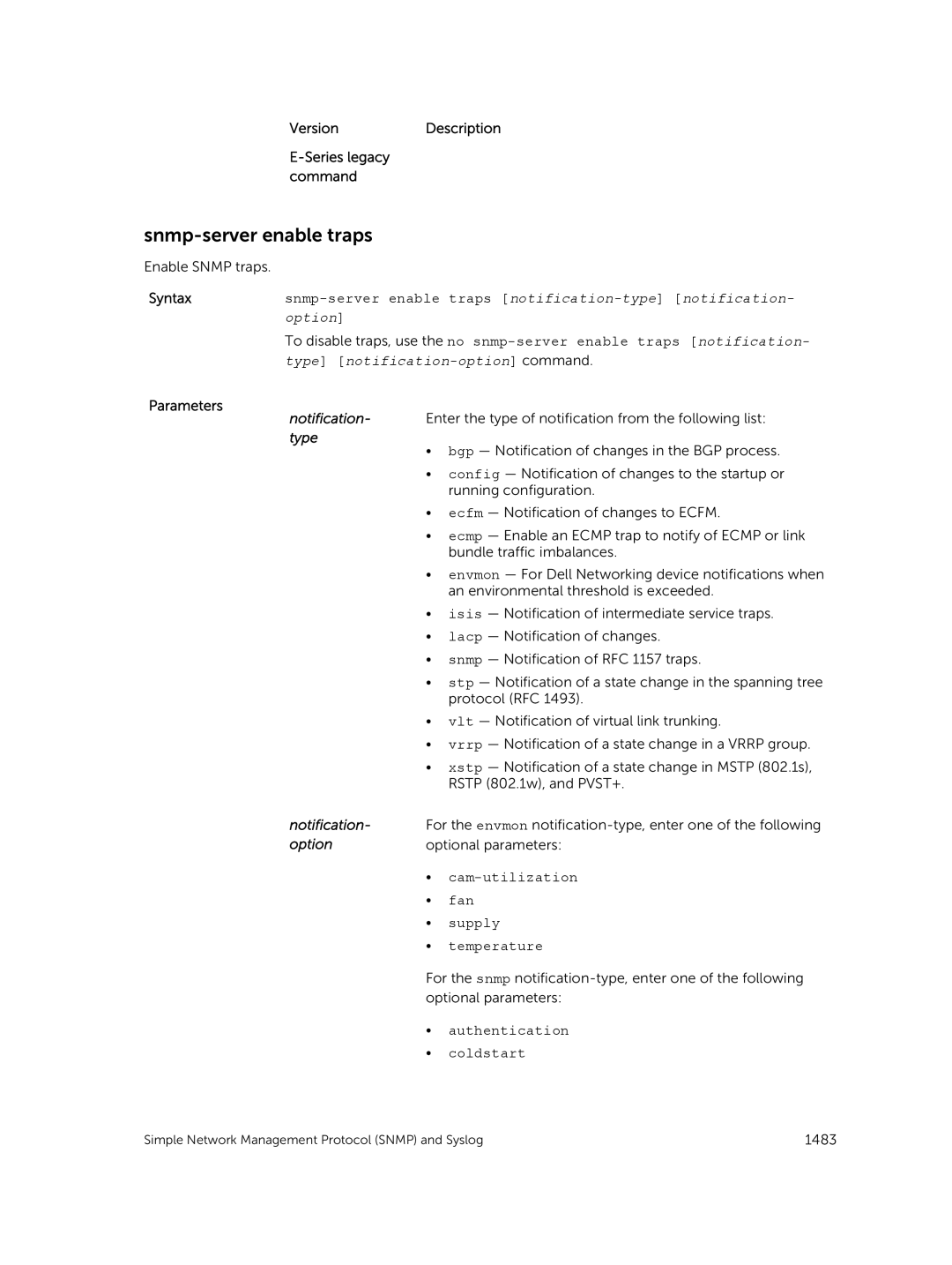 Dell 9.7(0.0) manual Snmp-server enable traps, VersionDescription Series legacy command, Notification, Option 