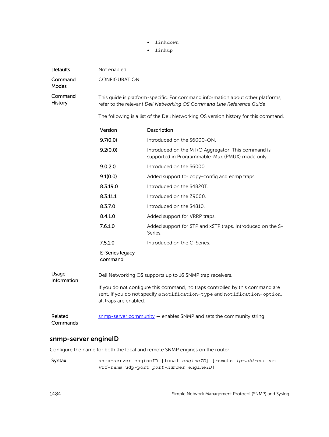 Dell 9.7(0.0) manual Snmp-server engineID, Linkdown Linkup 