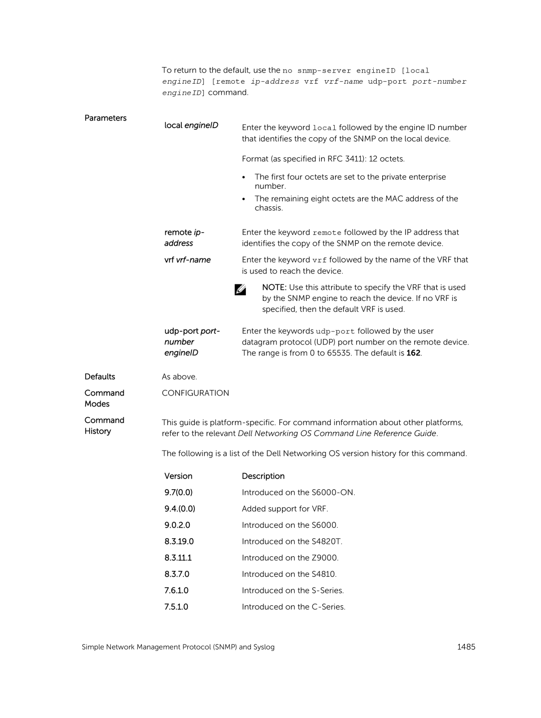 Dell 9.7(0.0) manual Local engineID, Remote ip- address, Udp-port port- number engineID 