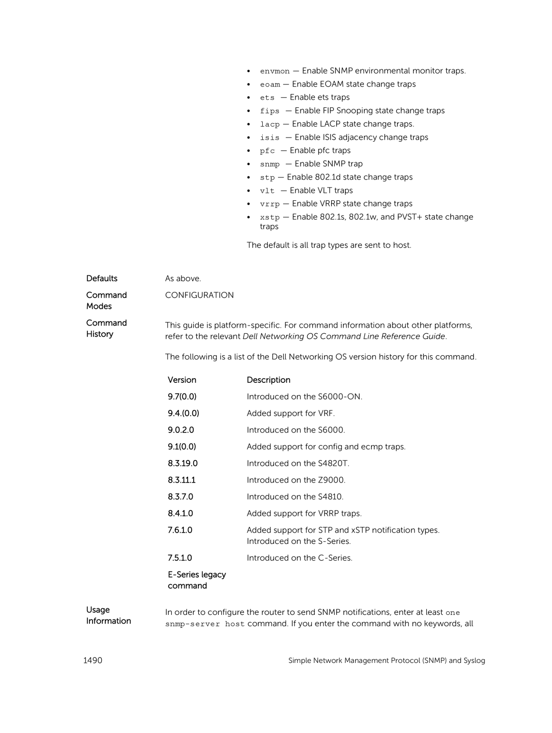 Dell 9.7(0.0) manual Defaults Command Modes Command History Usage Information, Added support for config and ecmp traps 