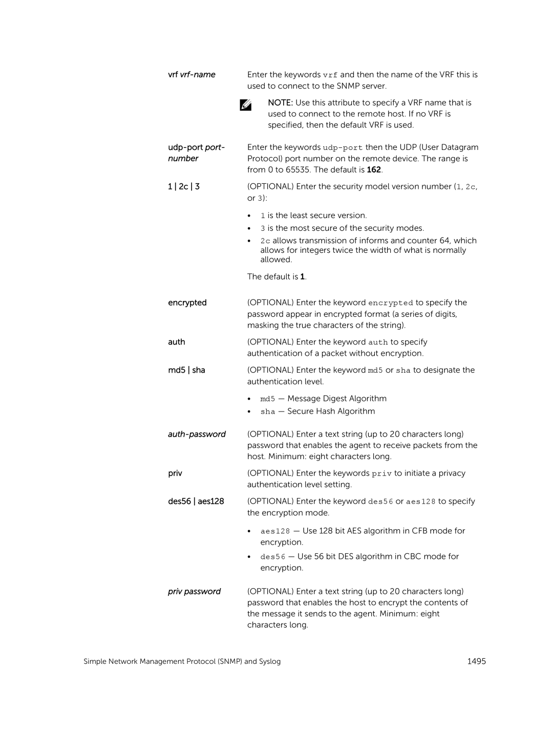 Dell 9.7(0.0) manual Encrypted, Md5 sha, Auth-password, Des56 aes128, Priv password 