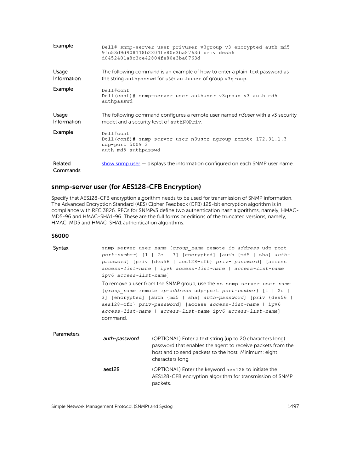 Dell 9.7(0.0) manual Snmp-server user for AES128-CFB Encryption, Aes128 