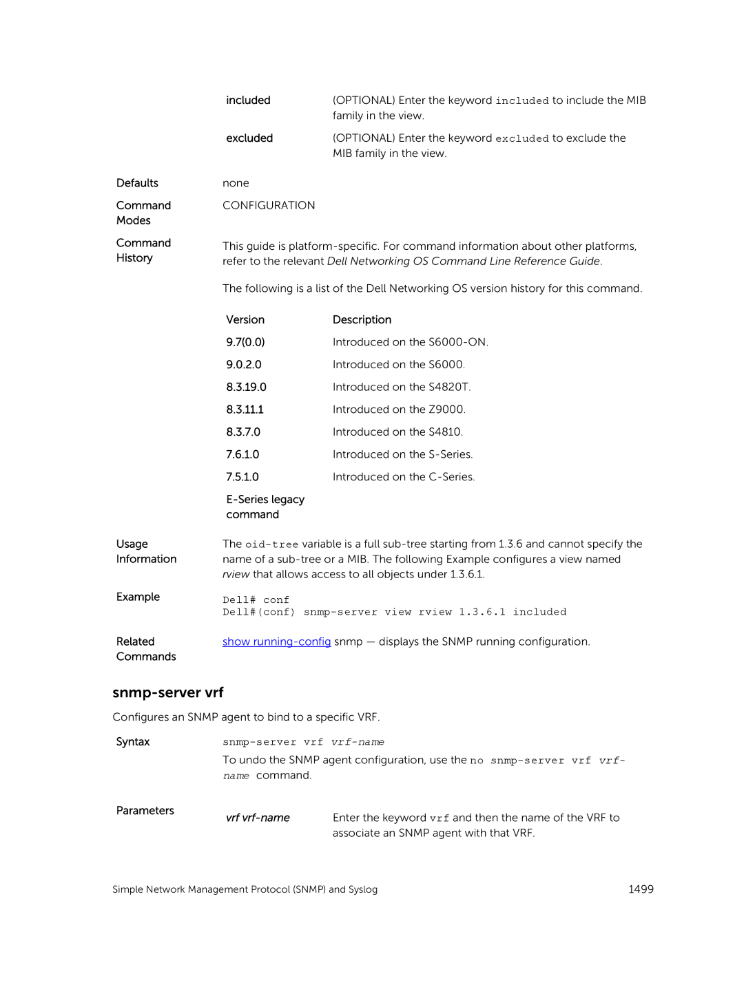 Dell 9.7(0.0) manual Excluded, Snmp-server vrf vrf-name, Associate an Snmp agent with that VRF 