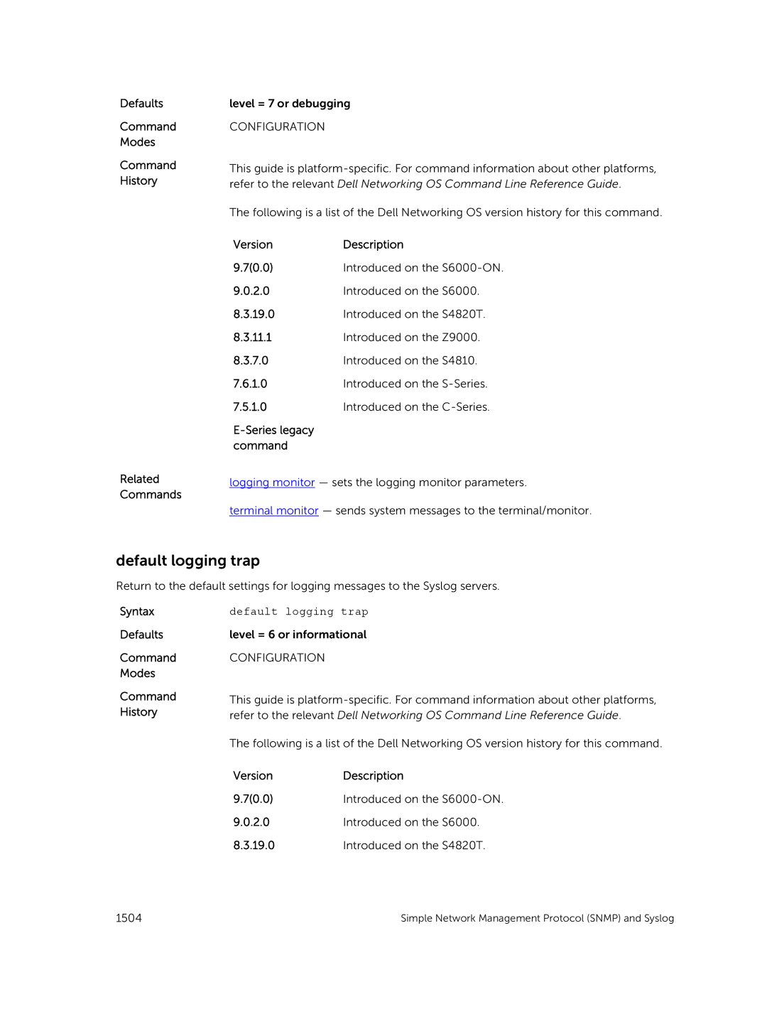 Dell 9.7(0.0) manual Default logging trap 