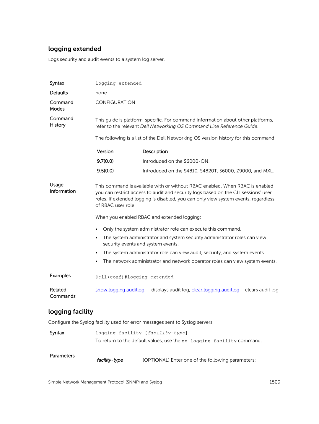 Dell 9.7(0.0) manual Logging extended, Logging facility, Facility-type 