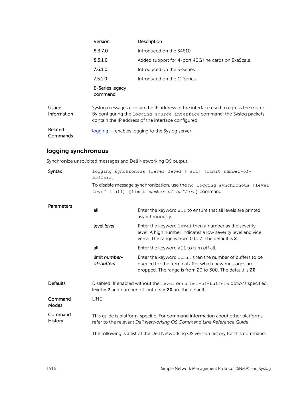 Dell 9.7(0.0) Logging synchronous, Syntaxlogging synchronous level level all limit number-of, Limit number, Of-buffers 