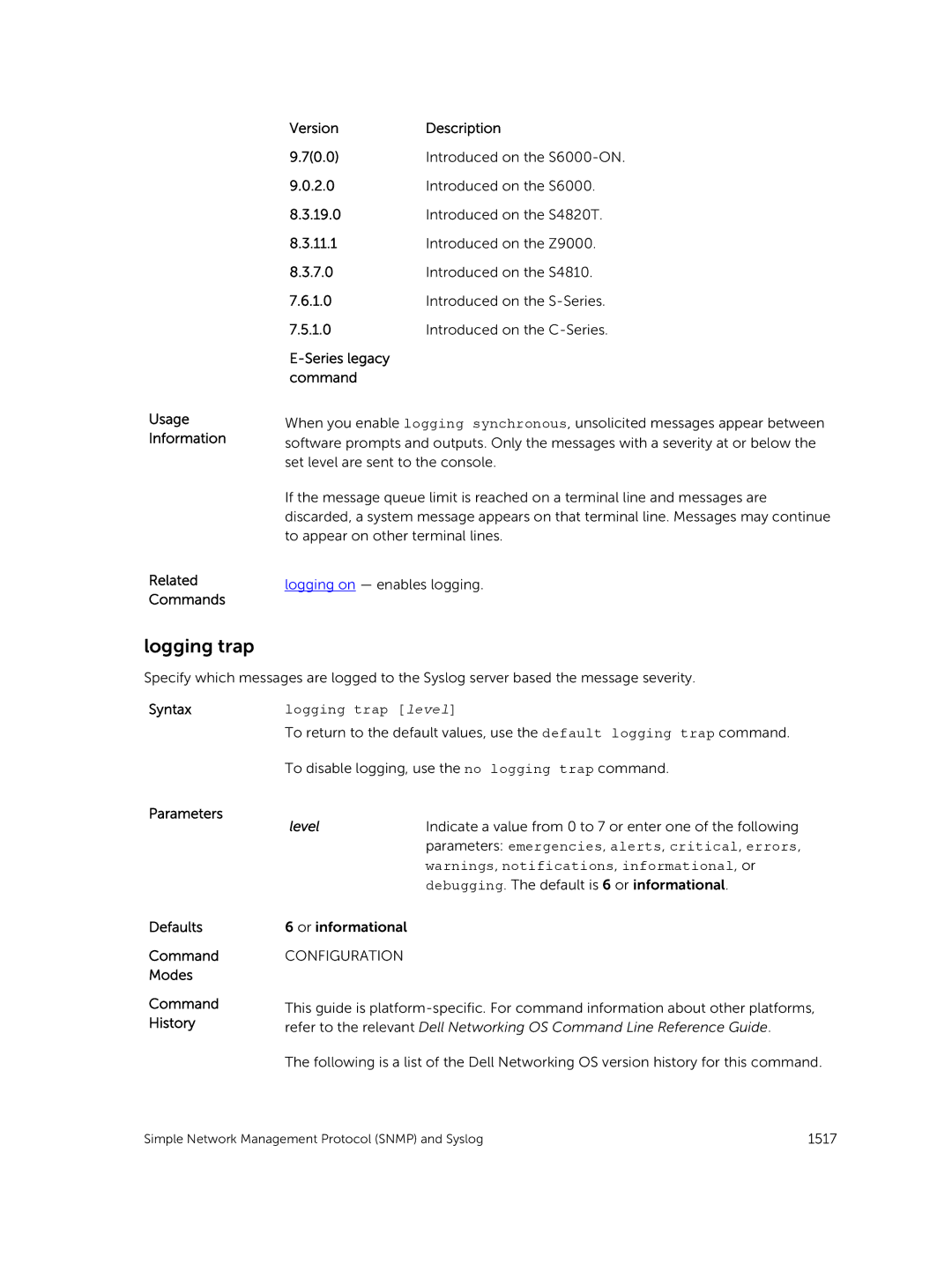 Dell 9.7(0.0) manual Logging trap level, Parameters emergencies , alerts , critical , errors 