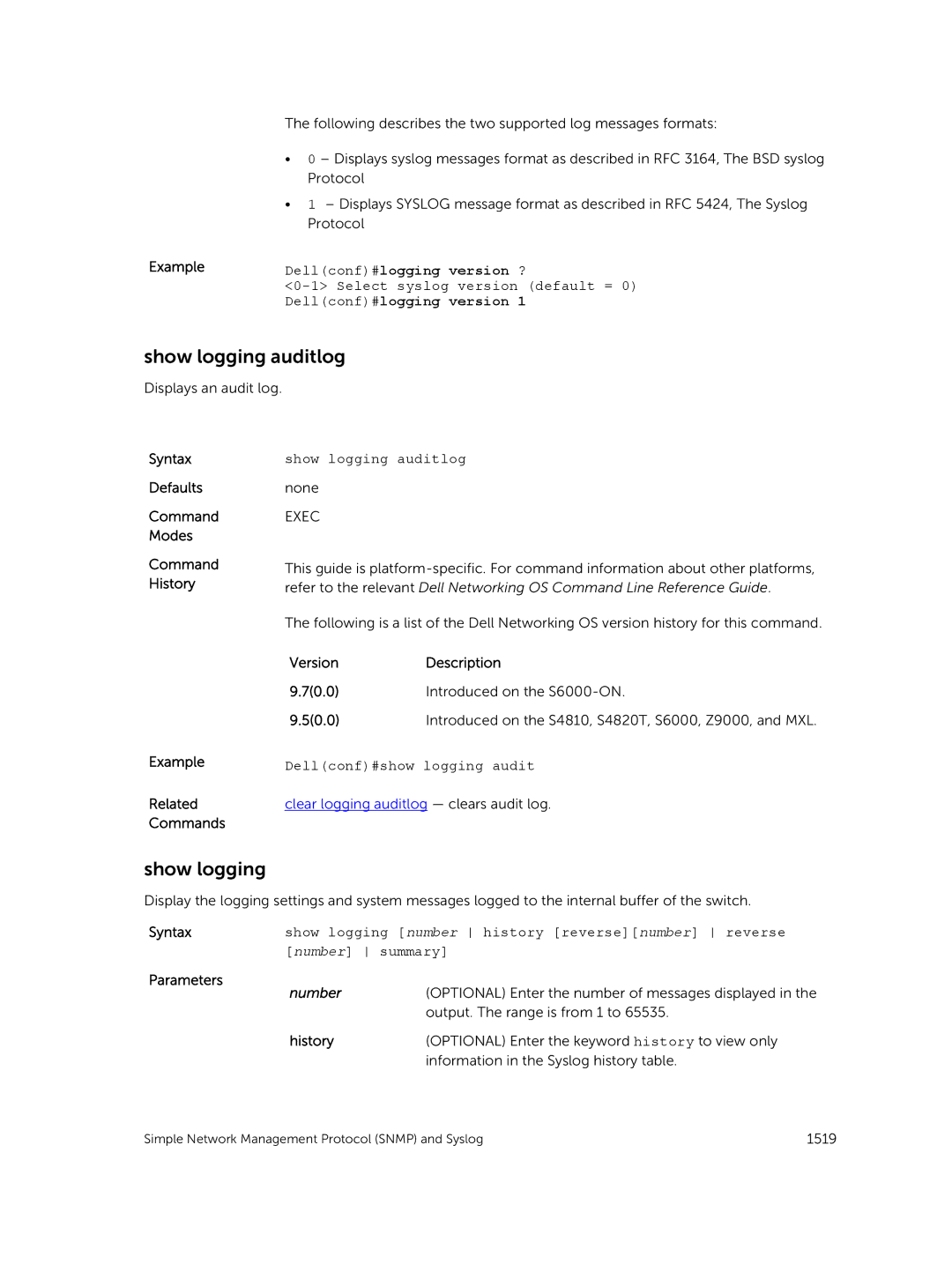 Dell 9.7(0.0) manual Show logging auditlog, Dellconf#logging version 