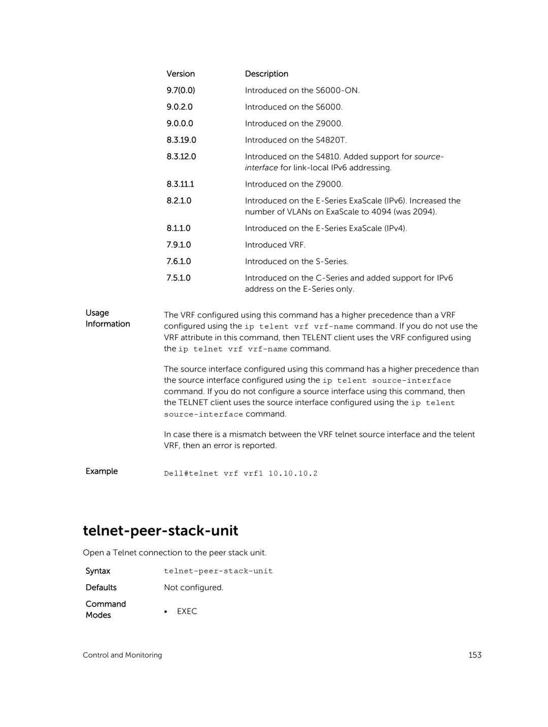 Dell 9.7(0.0) manual Telnet-peer-stack-unit, Dell#telnet vrf vrf1, Defaults Not configured Command 