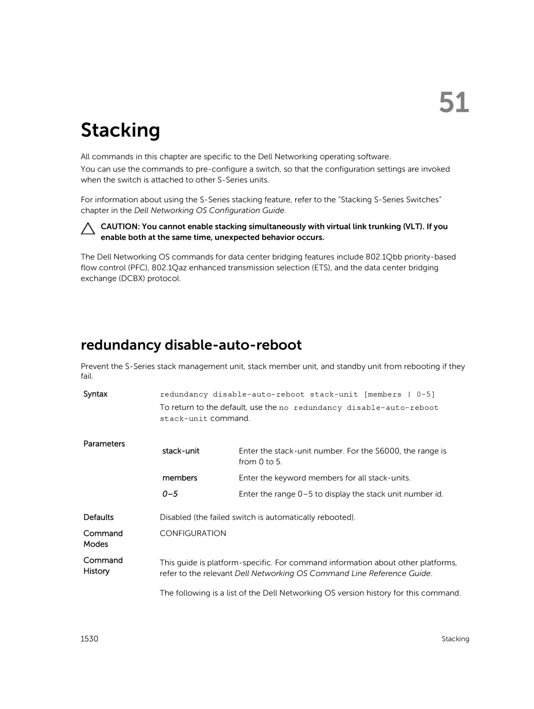 Dell 9.7(0.0) manual Stacking, Redundancy disable-auto-reboot, Syntaxredundancy disable-auto-reboot stack-unit members 