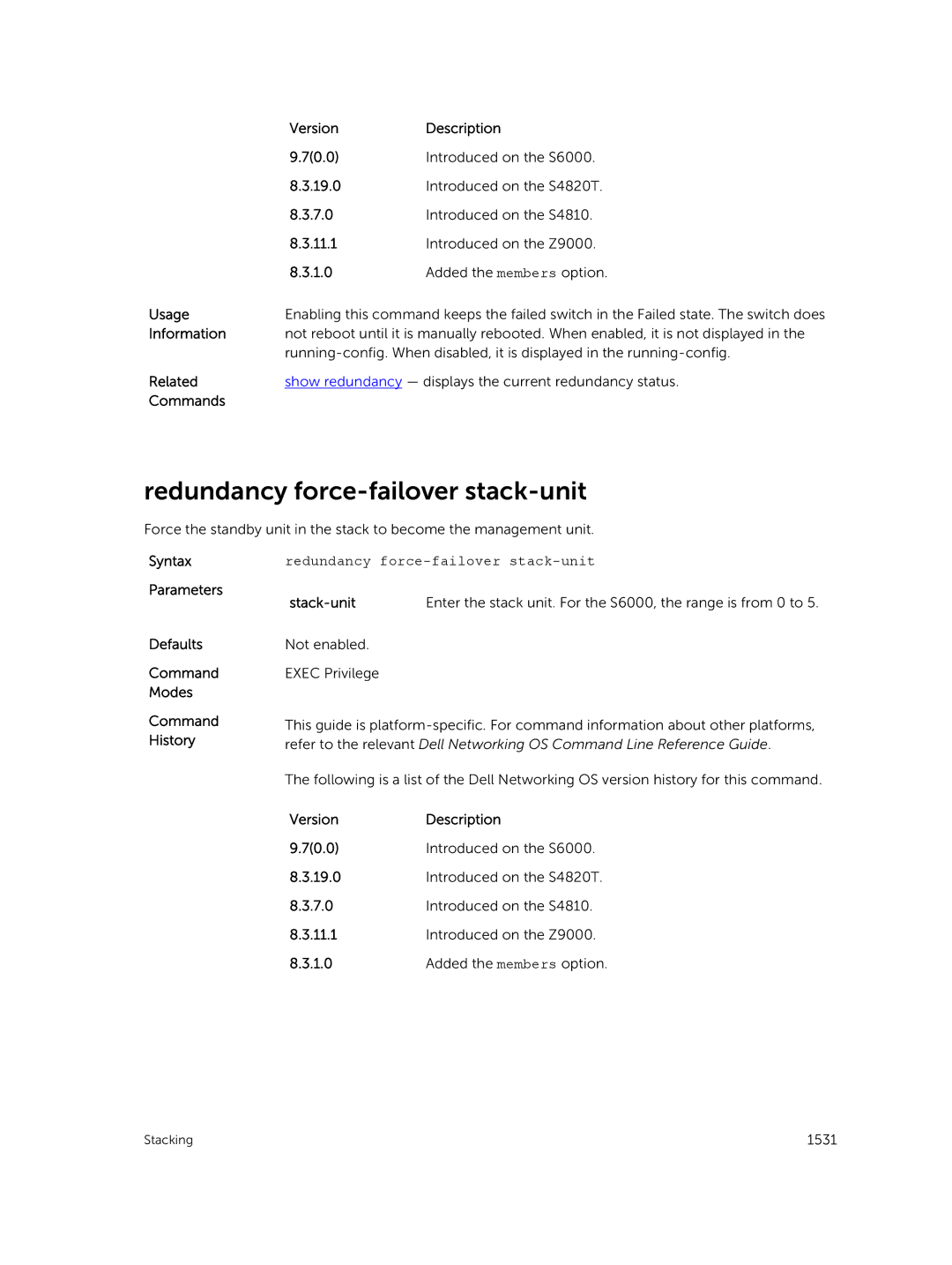 Dell 9.7(0.0) manual Redundancy force-failover stack-unit, VersionDescription 70.0 Introduced on the S6000 