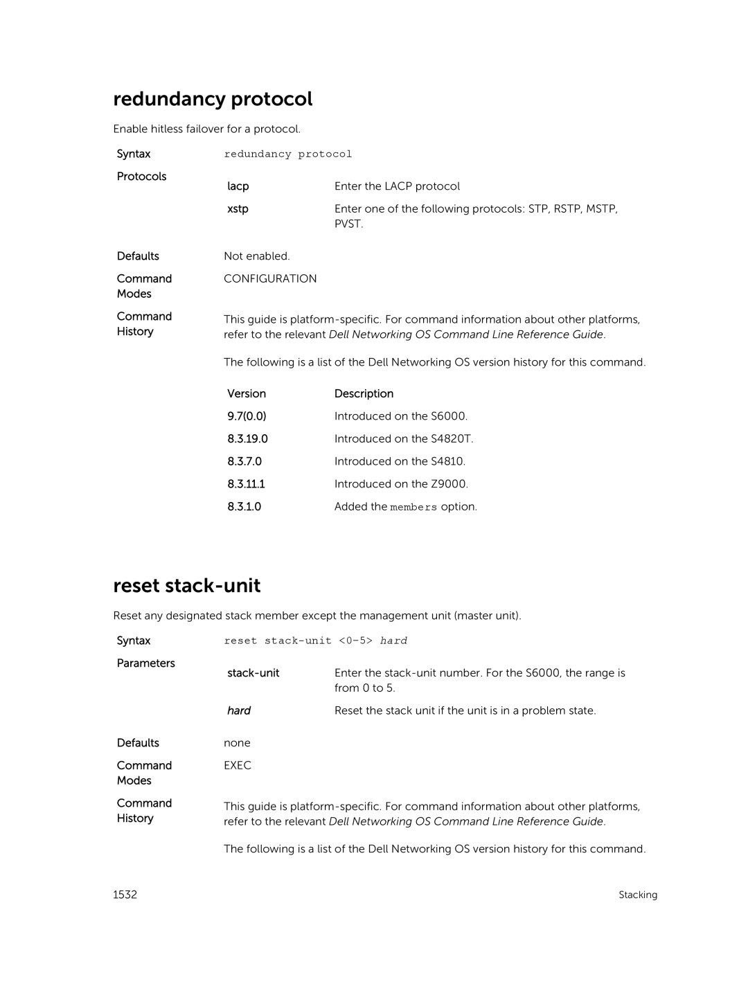 Dell 9.7(0.0) manual Redundancy protocol, Reset stack-unit, Hard 