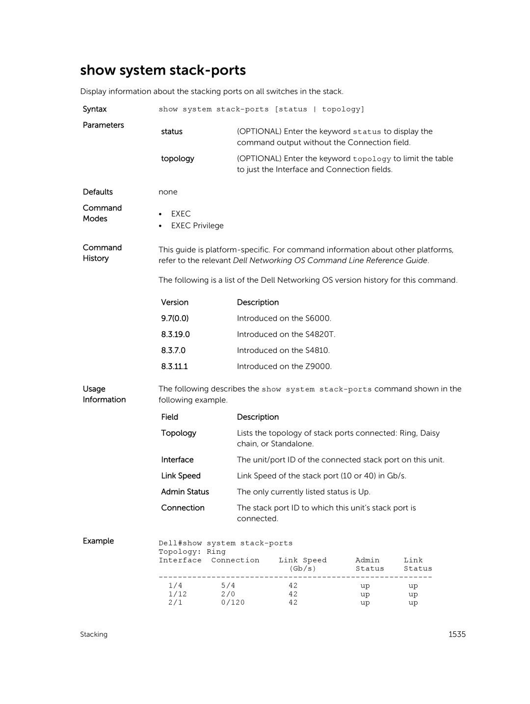 Dell 9.7(0.0) manual Show system stack-ports 