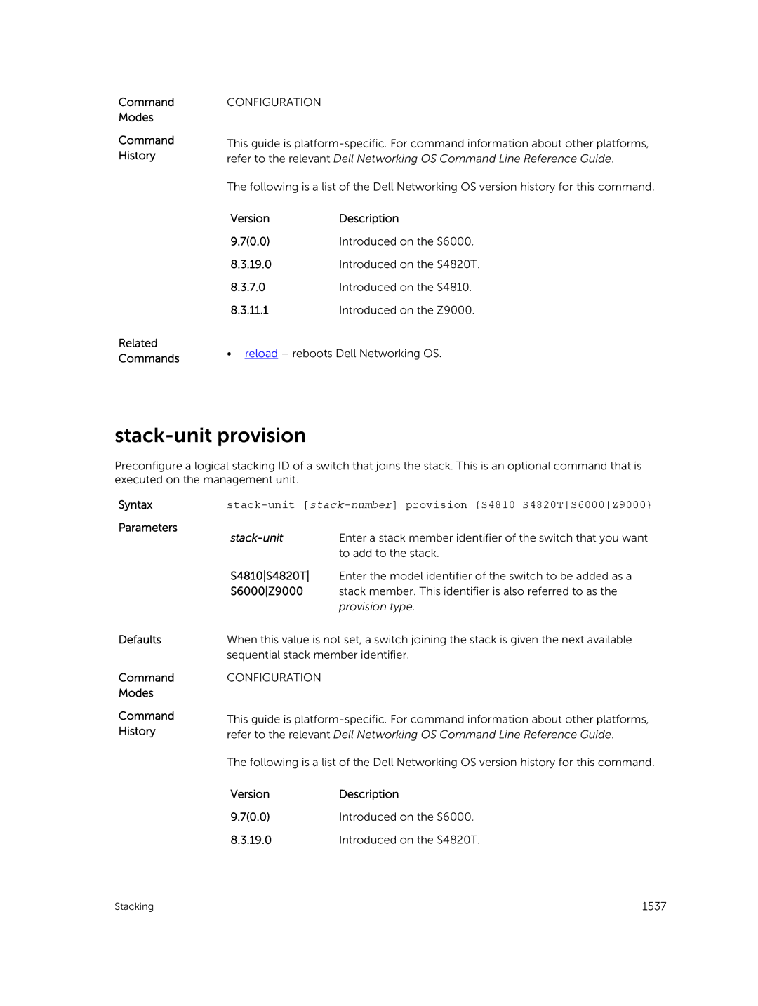 Dell 9.7(0.0) manual Stack-unit provision, S4810S4820T, S6000Z9000 