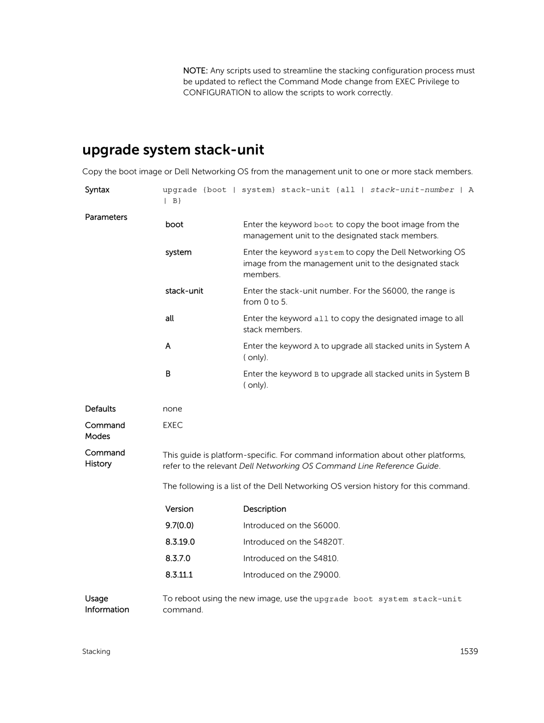 Dell 9.7(0.0) manual Upgrade system stack-unit, Upgrade boot system stack-unit all stack-unit-number a B, Boot 