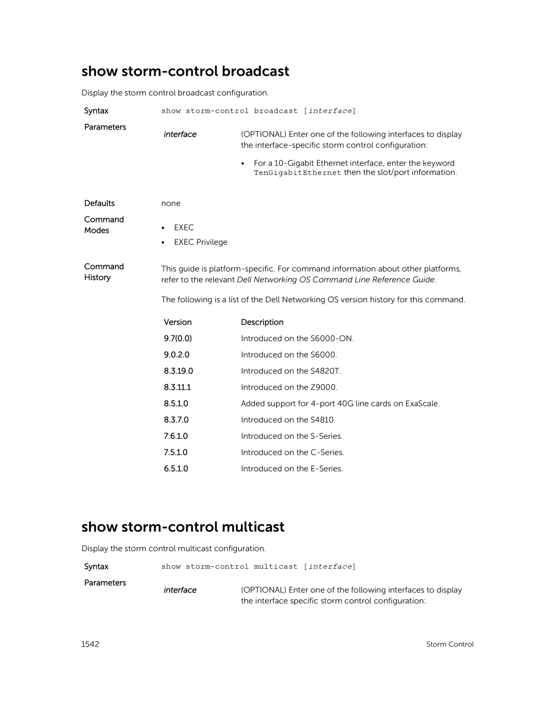 Dell 9.7(0.0) manual Show storm-control multicast, Show storm-control broadcast interface 