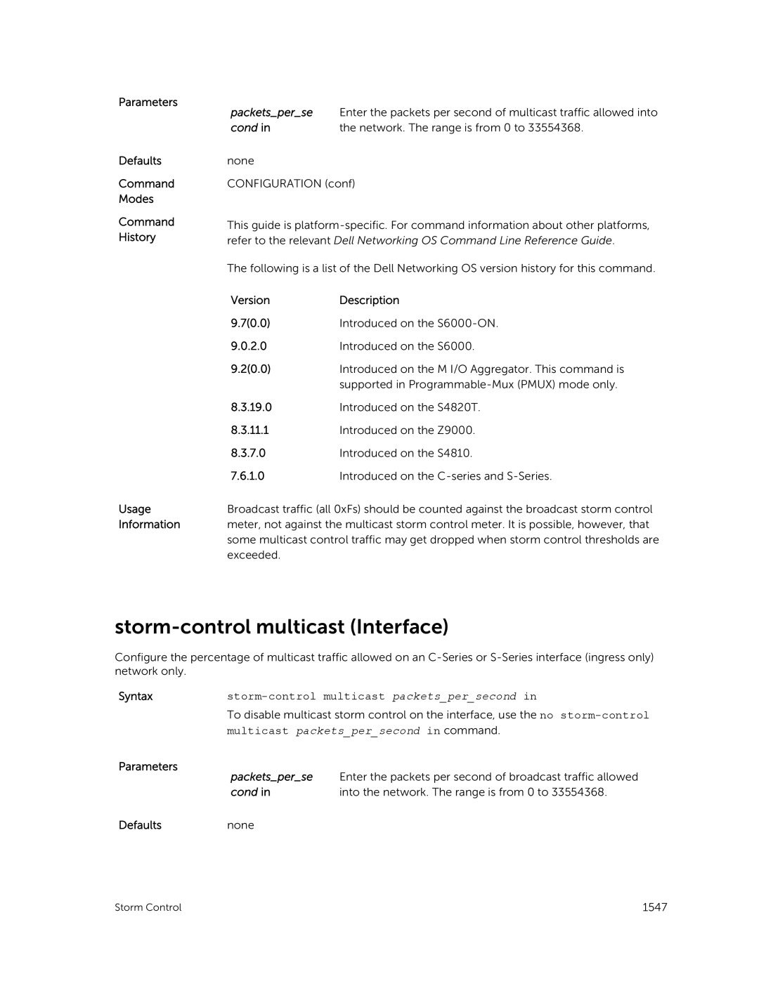 Dell 9.7(0.0) manual Storm-control multicast Interface, Parameters 