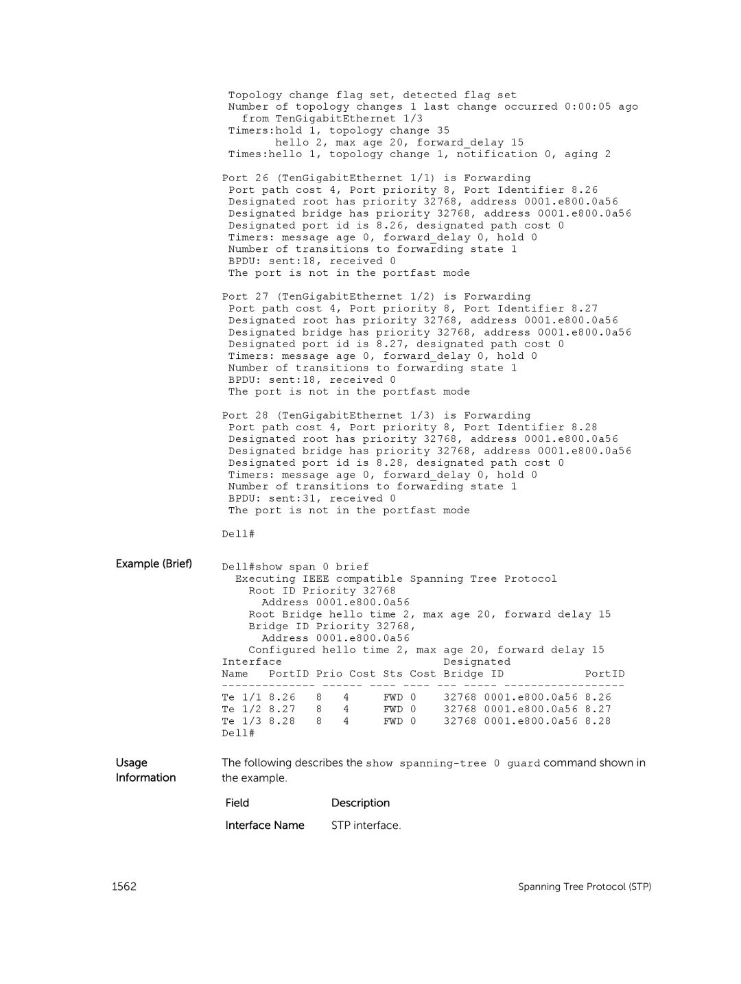 Dell 9.7(0.0) manual Example Brief Usage Information, 32768 0001.e800.0a56 Te 1/2, 32768 0001.e800.0a56 Te 1/3 