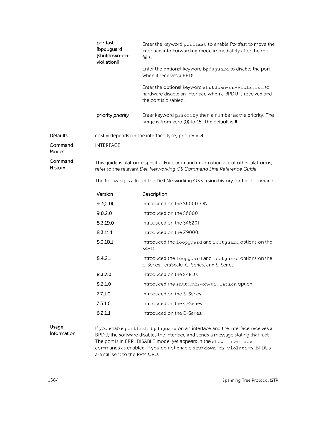 Dell 9.7(0.0) manual Portfast bpduguard shutdown-on- viol ation Priority priority 