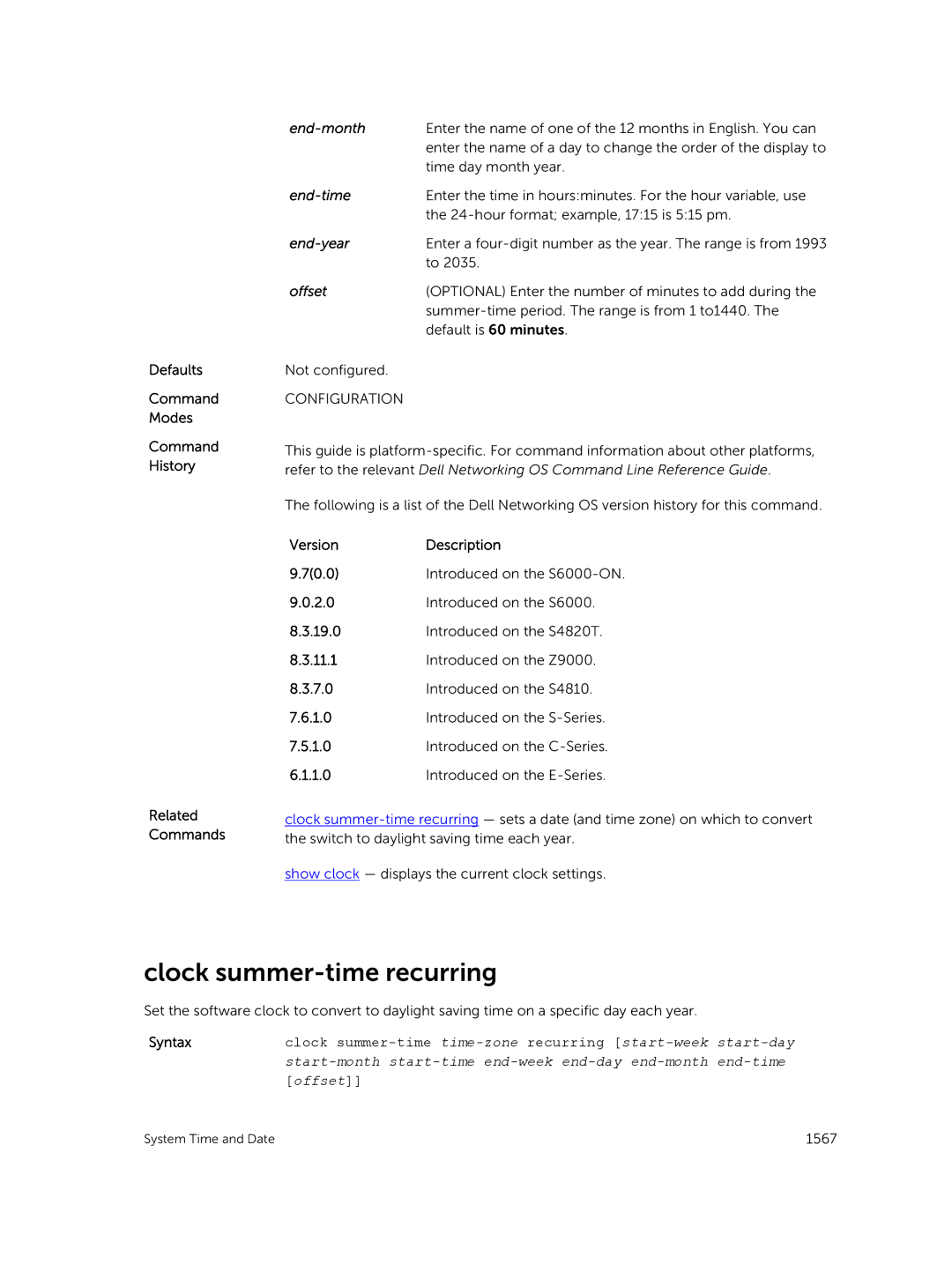 Dell 9.7(0.0) manual Clock summer-time recurring, End-month, End-time, End-year 