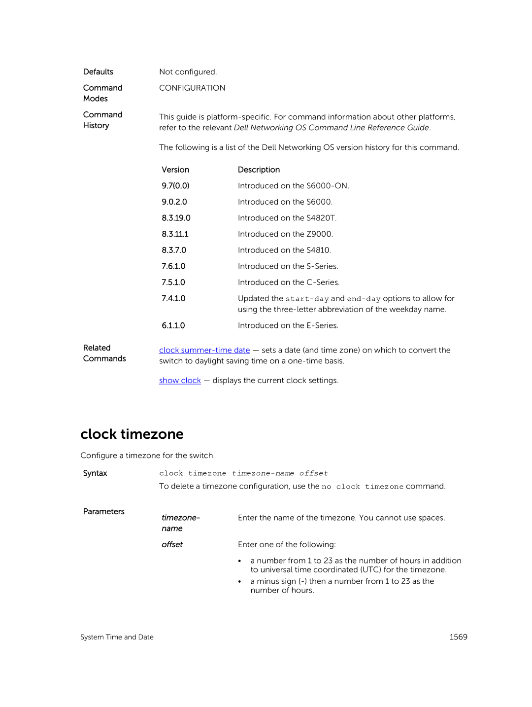 Dell 9.7(0.0) manual Clock timezone, Timezone, Name Offset 