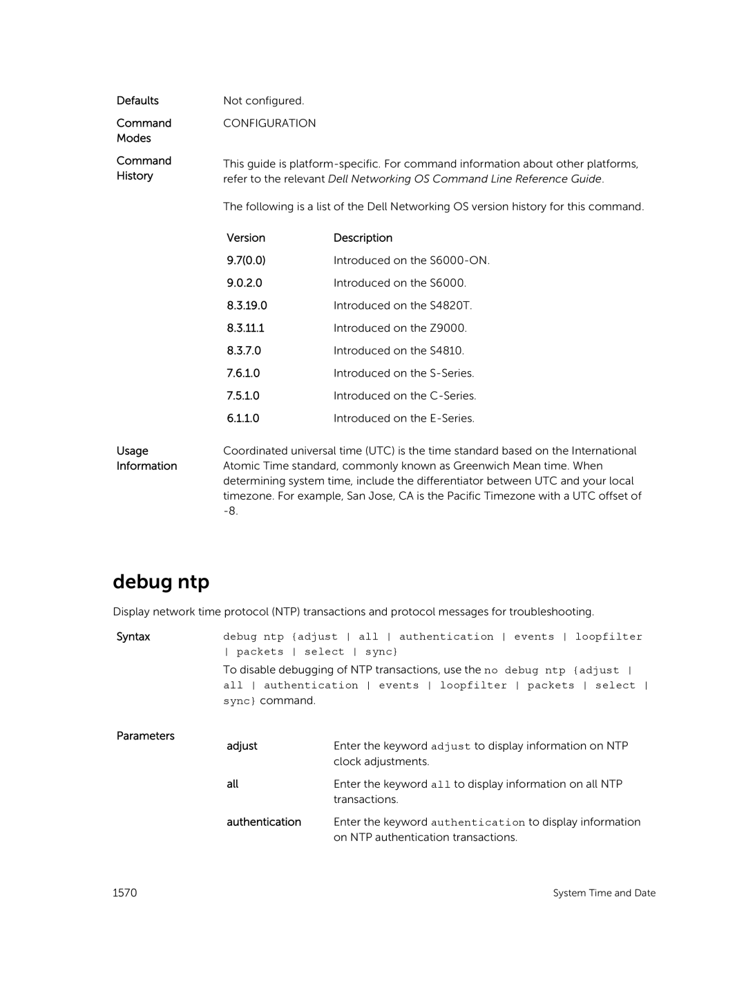 Dell 9.7(0.0) manual Debug ntp, Adjust, Authentication 