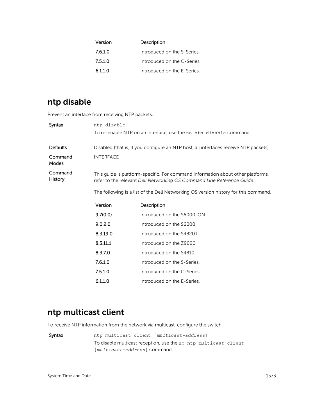 Dell 9.7(0.0) manual Ntp disable, Ntp multicast client multicast-address 