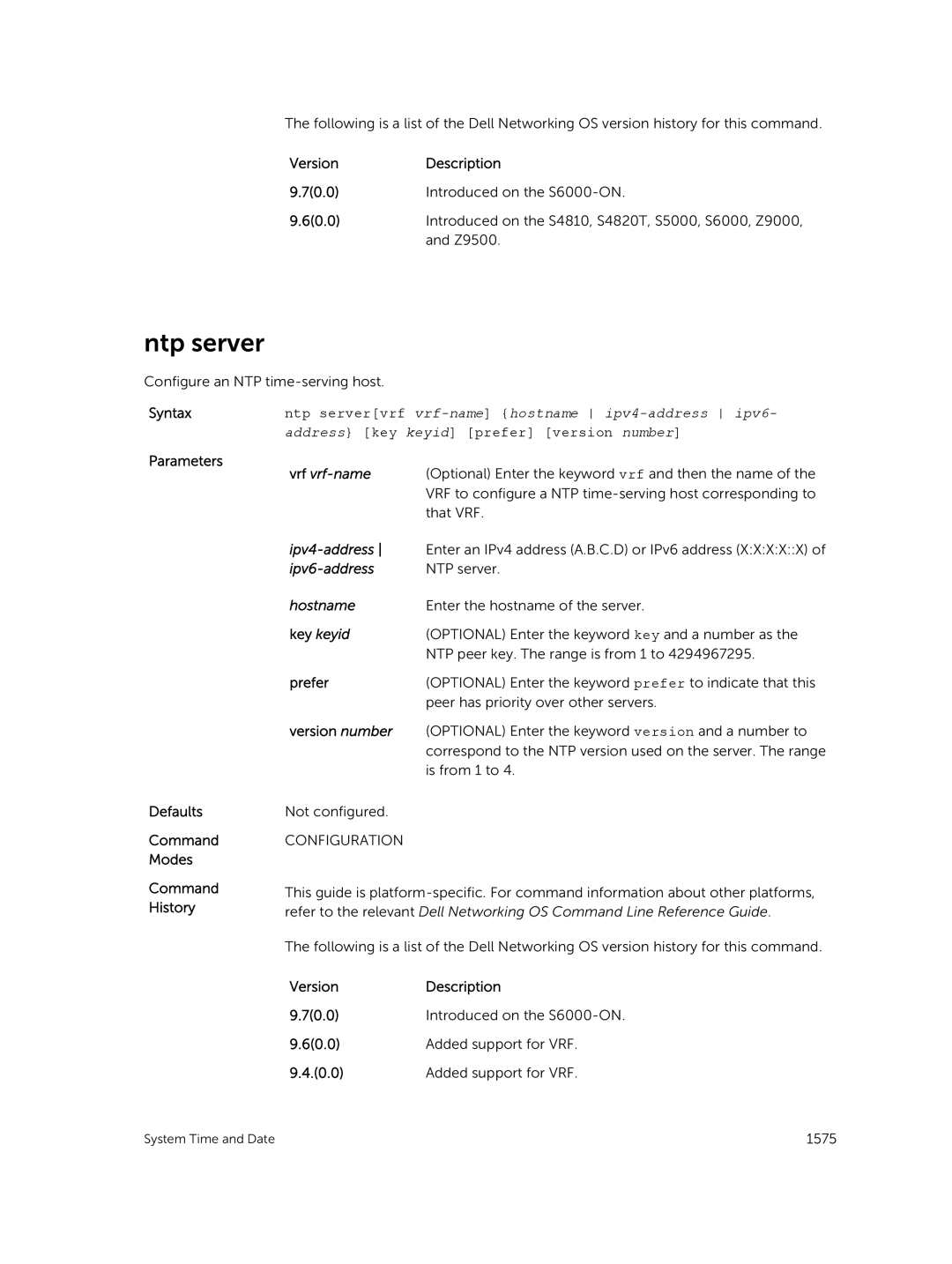 Dell 9.7(0.0) manual Ntp server, Address key keyid prefer version number, Key keyid, Prefer, Version number 