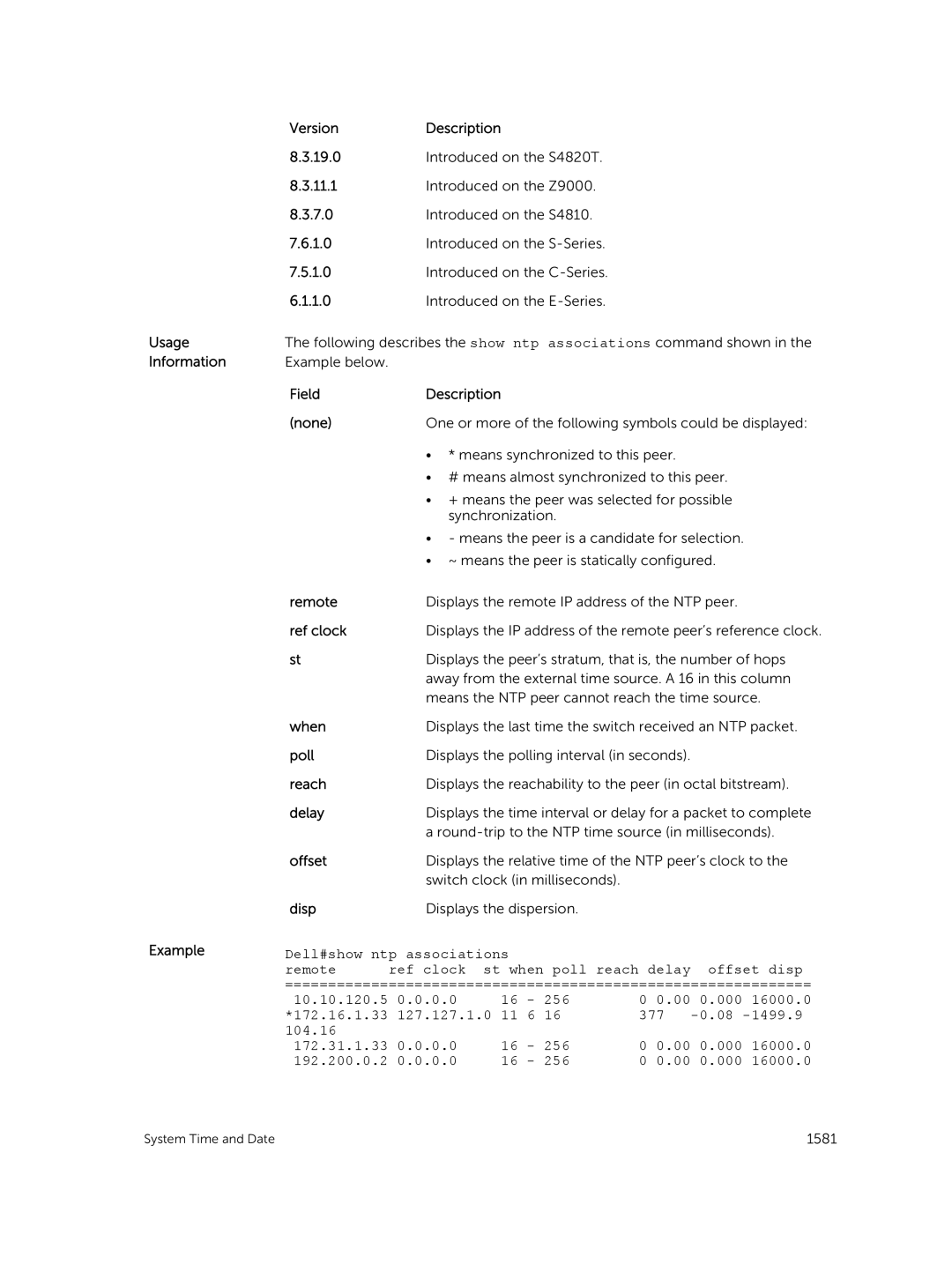 Dell 9.7(0.0) manual Field Description None, Remote, Ref clock, When, Poll, Reach, Delay, Offset, Disp 