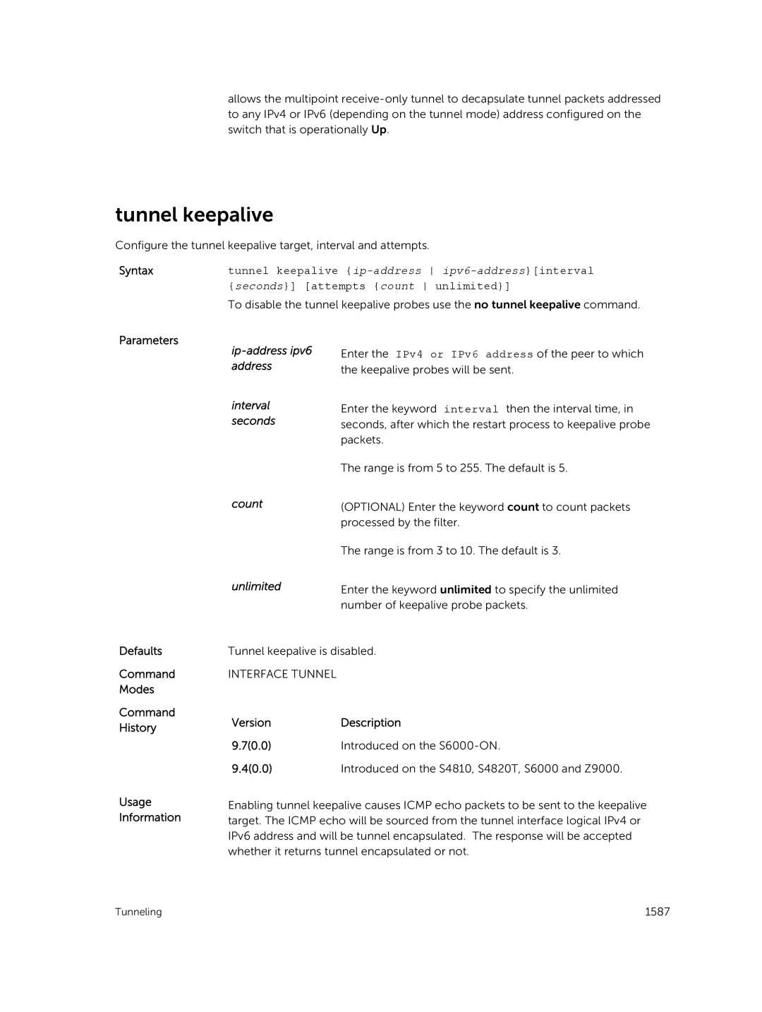 Dell 9.7(0.0) manual Tunnel keepalive, Ip-address ipv6, Unlimited 