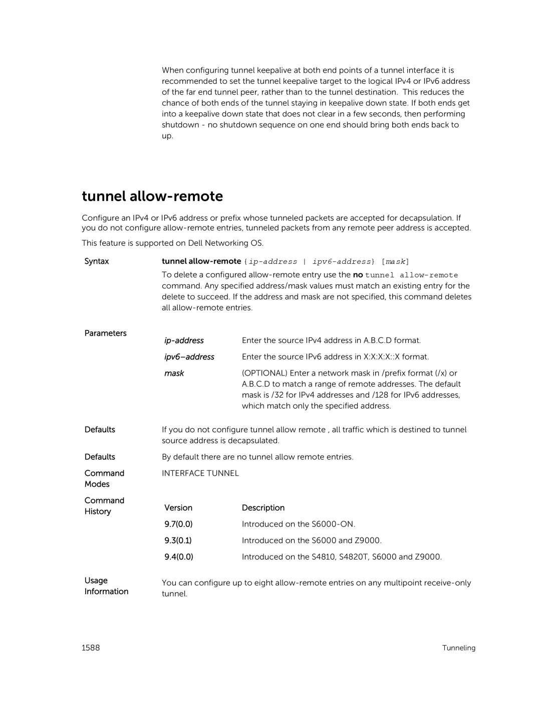 Dell 9.7(0.0) manual Tunnel allow-remote, Syntax 