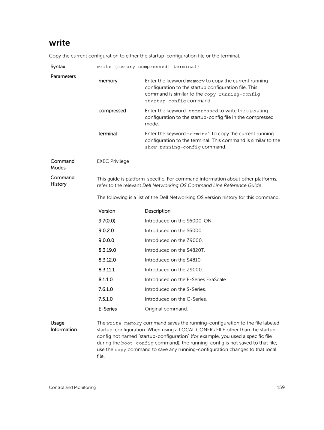 Dell 9.7(0.0) manual Write memory compressed terminal, Memory, Startup-config command 