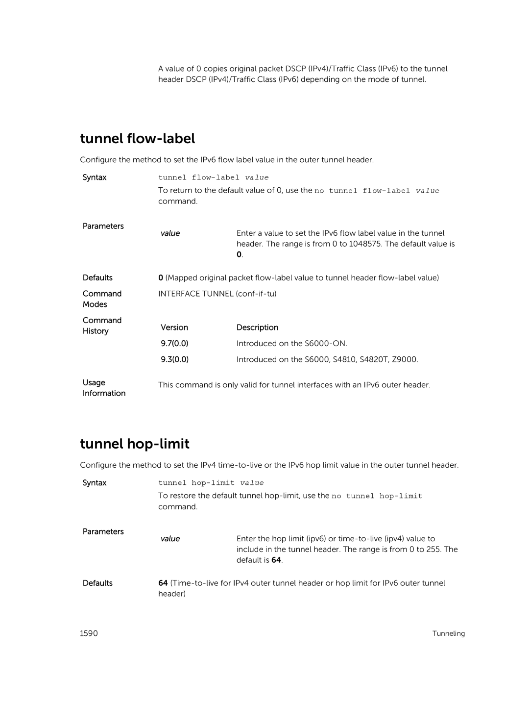 Dell 9.7(0.0) manual Tunnel flow-label value, Tunnel hop-limit value 