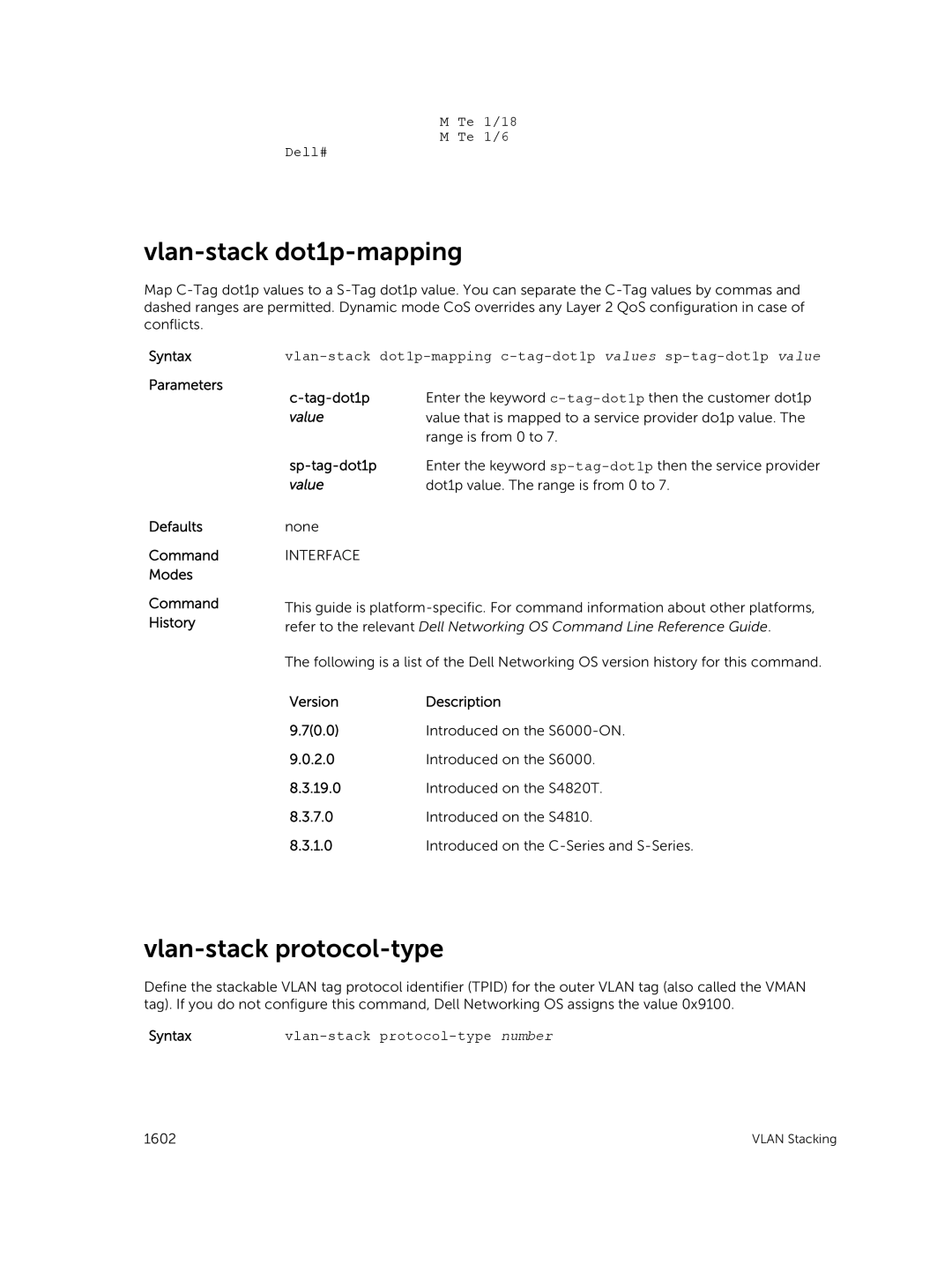 Dell 9.7(0.0) manual Vlan-stack dot1p-mapping, Vlan-stack protocol-type, Tag-dot1p, Sp-tag-dot1p 