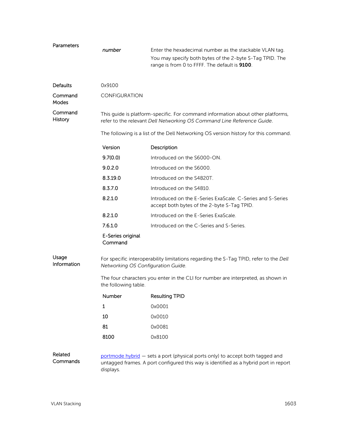 Dell 9.7(0.0) manual Enter the hexadecimal number as the stackable Vlan tag 