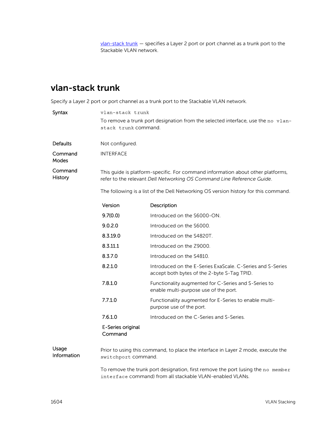 Dell 9.7(0.0) manual Vlan-stack trunk, Stack trunk command 