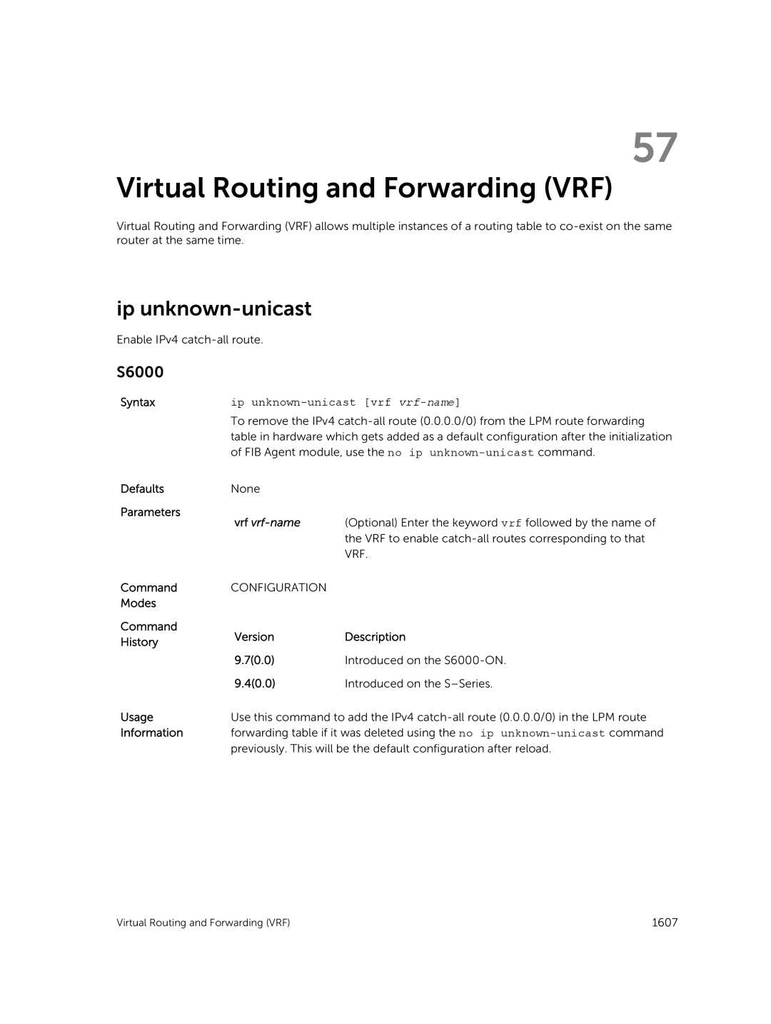 Dell 9.7(0.0) manual Virtual Routing and Forwarding VRF, Ip unknown-unicast 