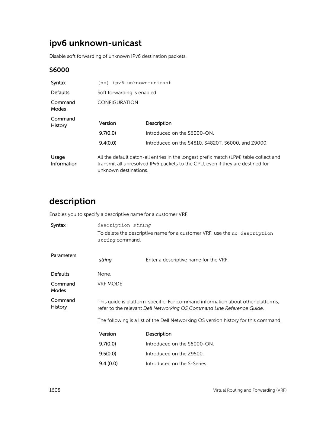 Dell 9.7(0.0) manual Ipv6 unknown-unicast, No ipv6 unknown-unicast, Description string 