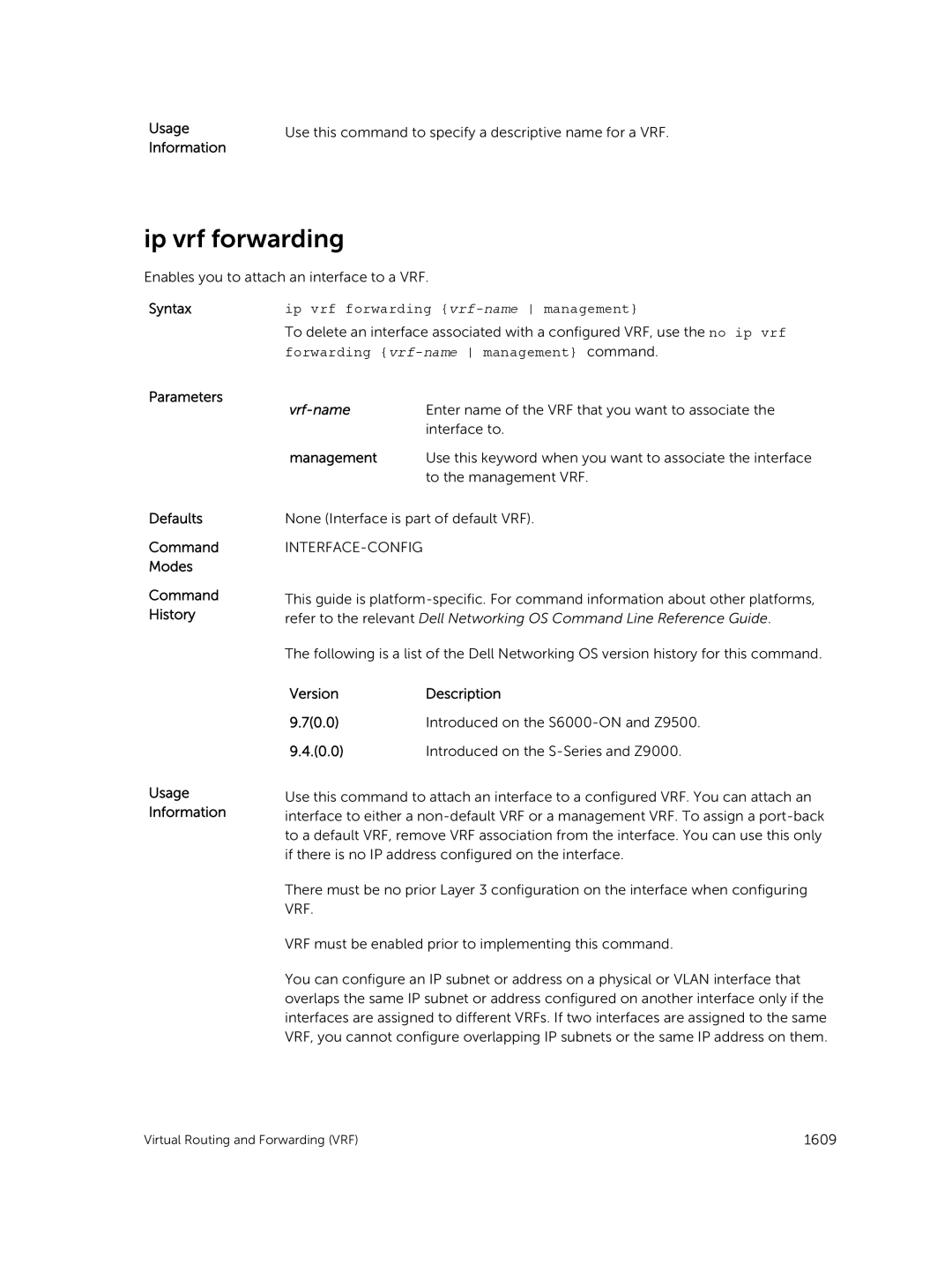 Dell 9.7(0.0) manual Ip vrf forwarding vrf-name management, Vrf-name 