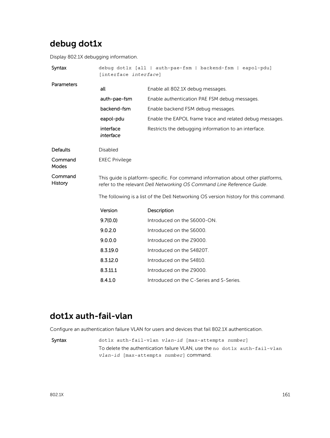 Dell 9.7(0.0) manual Debug dot1x, Dot1x auth-fail-vlan, Disabled Exec Privilege 